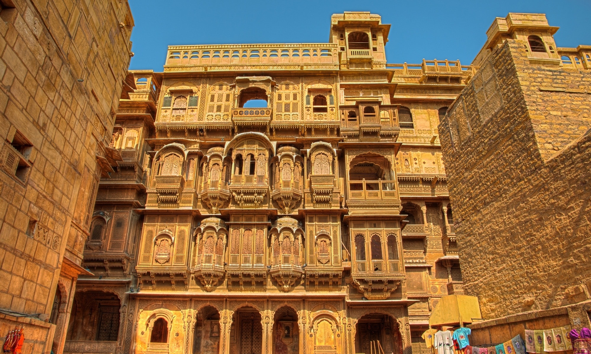 The beautiful Patwon ki Haveli palace made of golden limestone in Jaisalmer